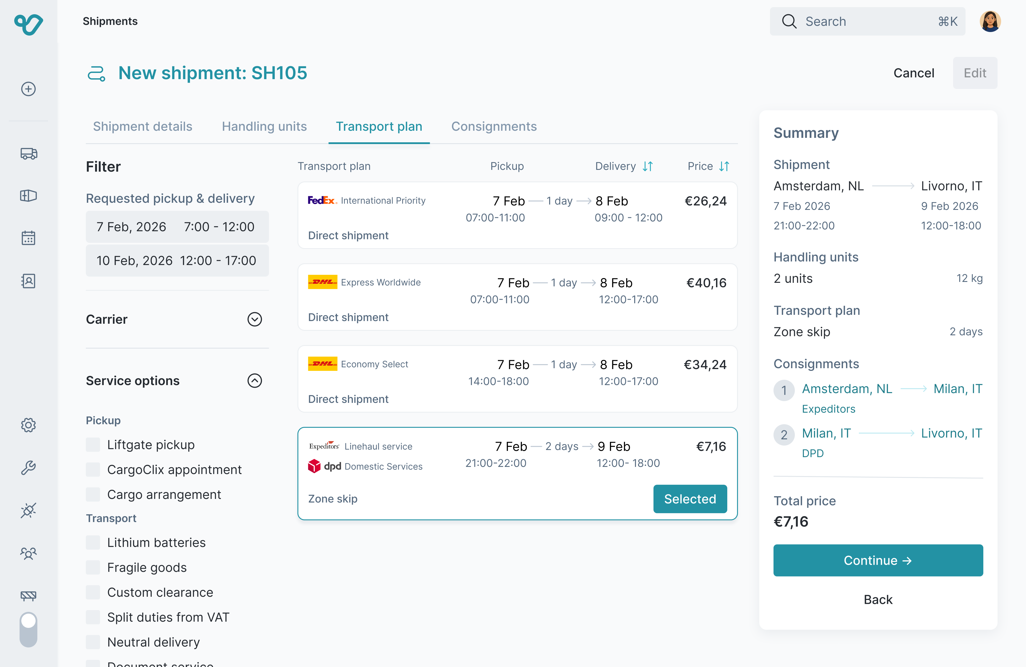 Shipment creation form